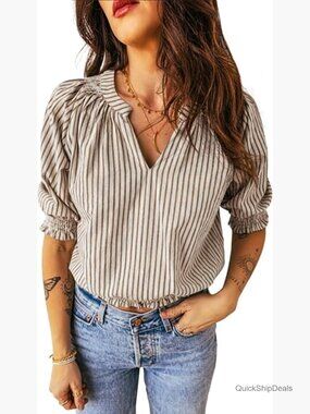 Striped Puff Sleeve Blouse with V-Neck